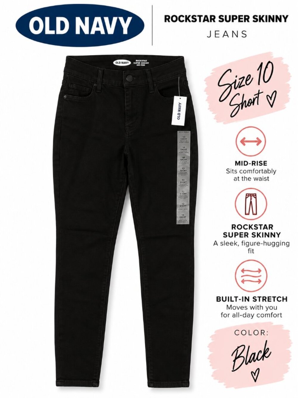Mid Rise, 10 Short, Rockstar Super Skinny Jeans Black   - NWT Old Navy